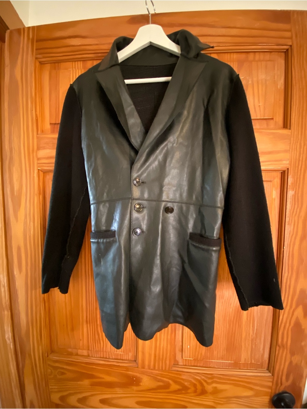 Vintage Black faux Leather-Front knitted Blazer Jacket